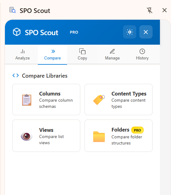 SPO Scout SharePoint library comparison tool showing column differences between two libraries