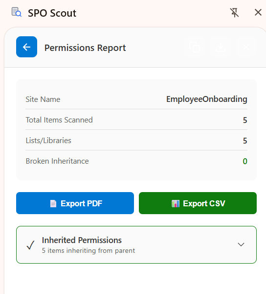 Export SharePoint permissions to Excel CSV and PDF using SPO Scout admin extension