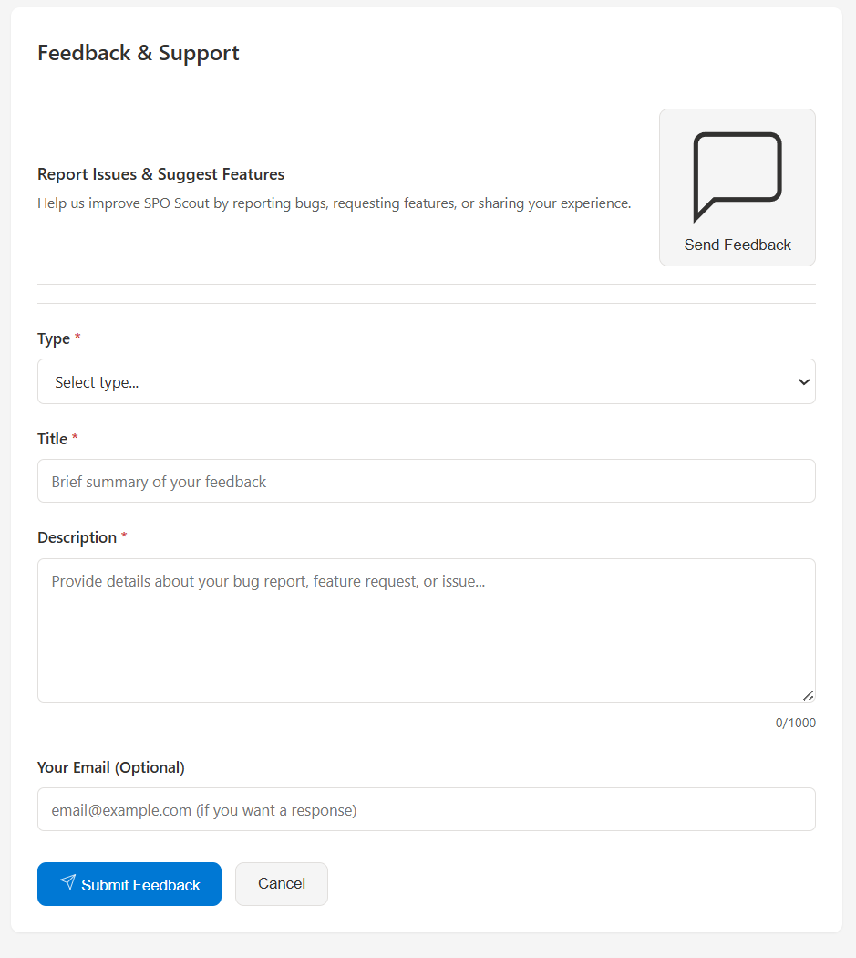 SPO Scout SharePoint management extension feedback form for submitting suggestions