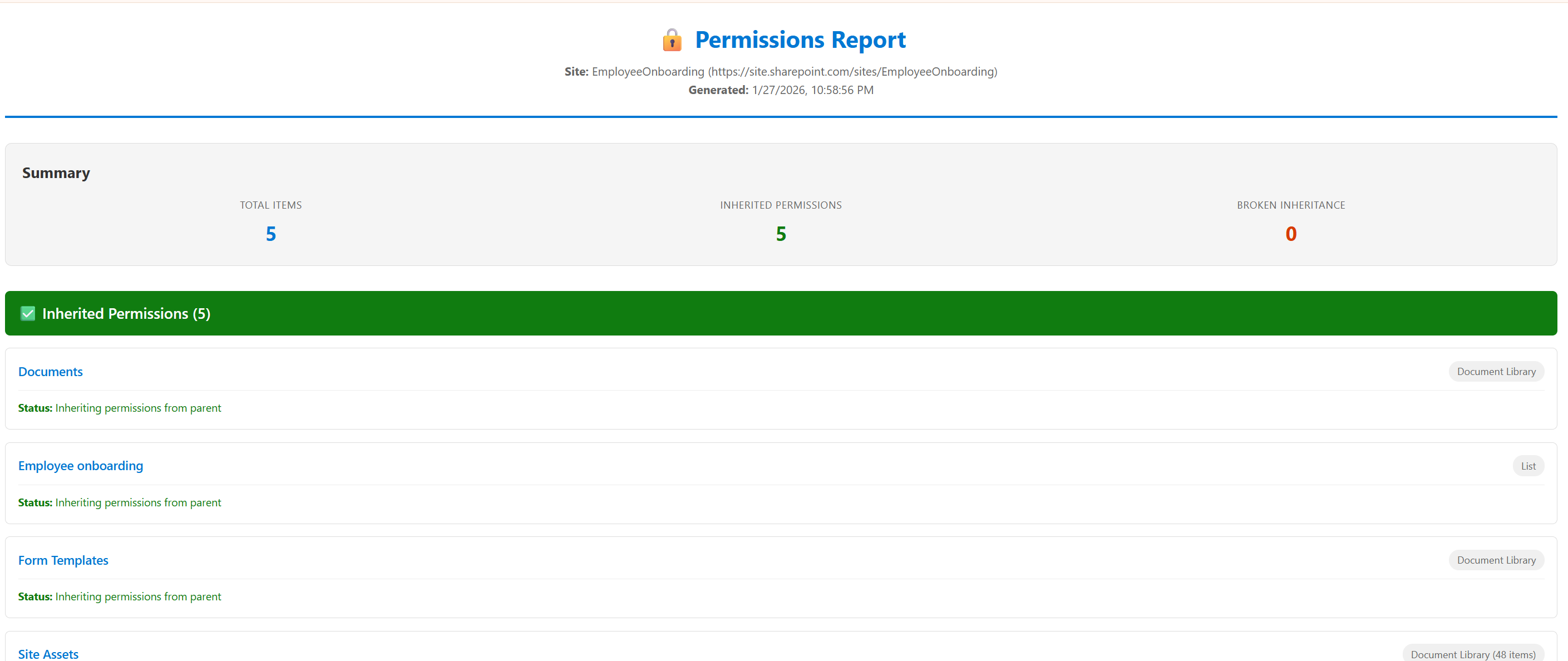 SharePoint permission audit tool displaying user access levels and permission report export options