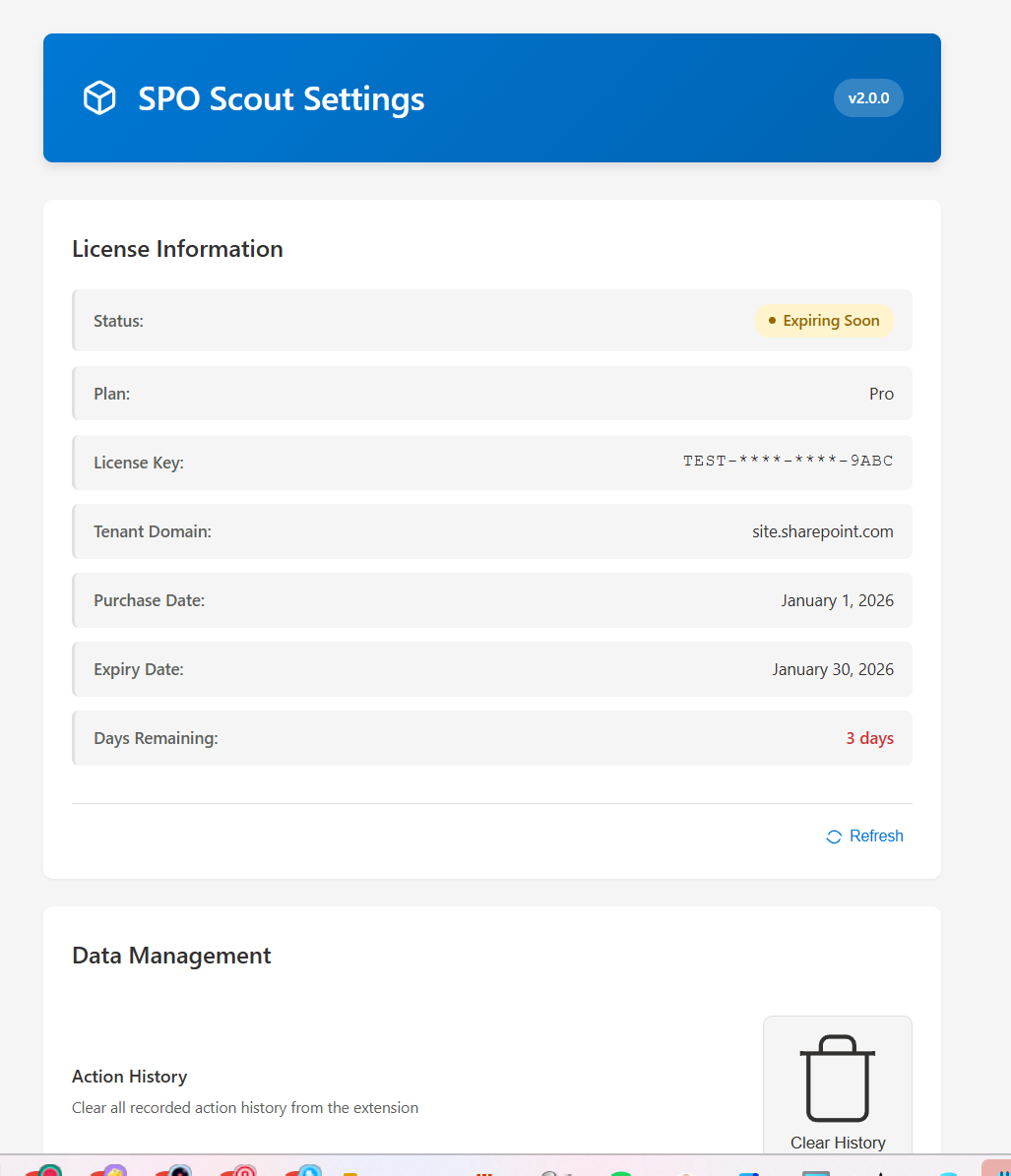 SPO Scout SharePoint admin extension settings page with license information