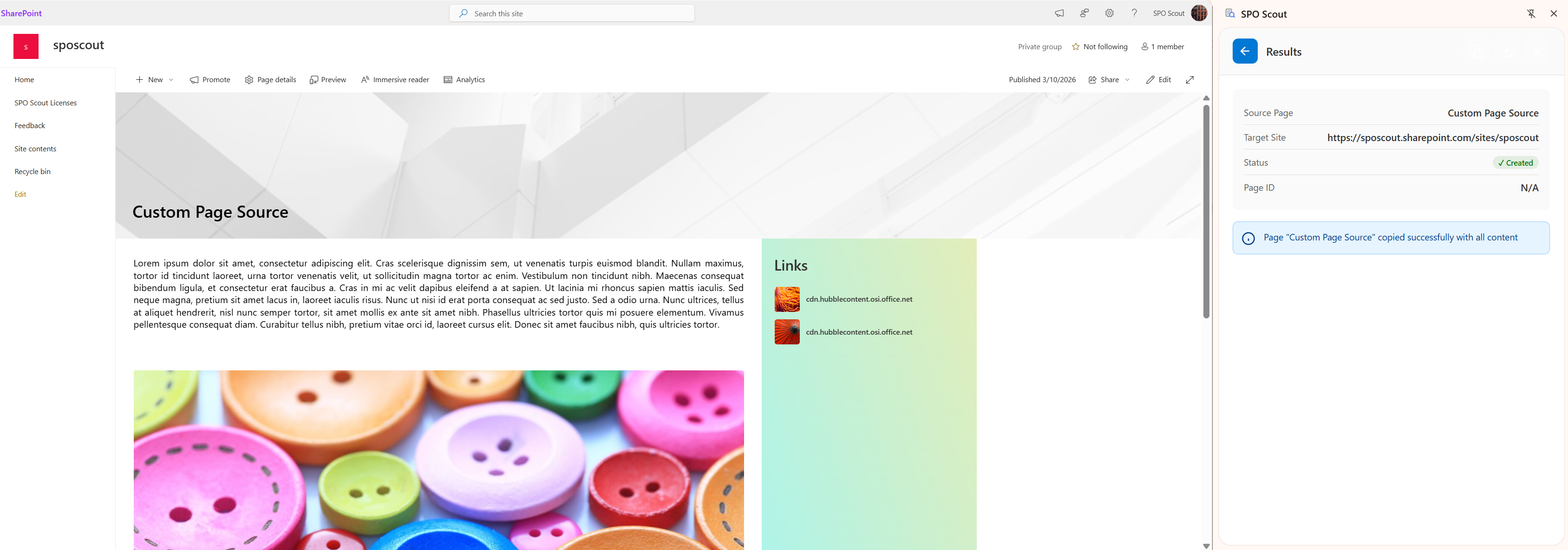 SPO Scout results showing a SharePoint page successfully copied to a different site