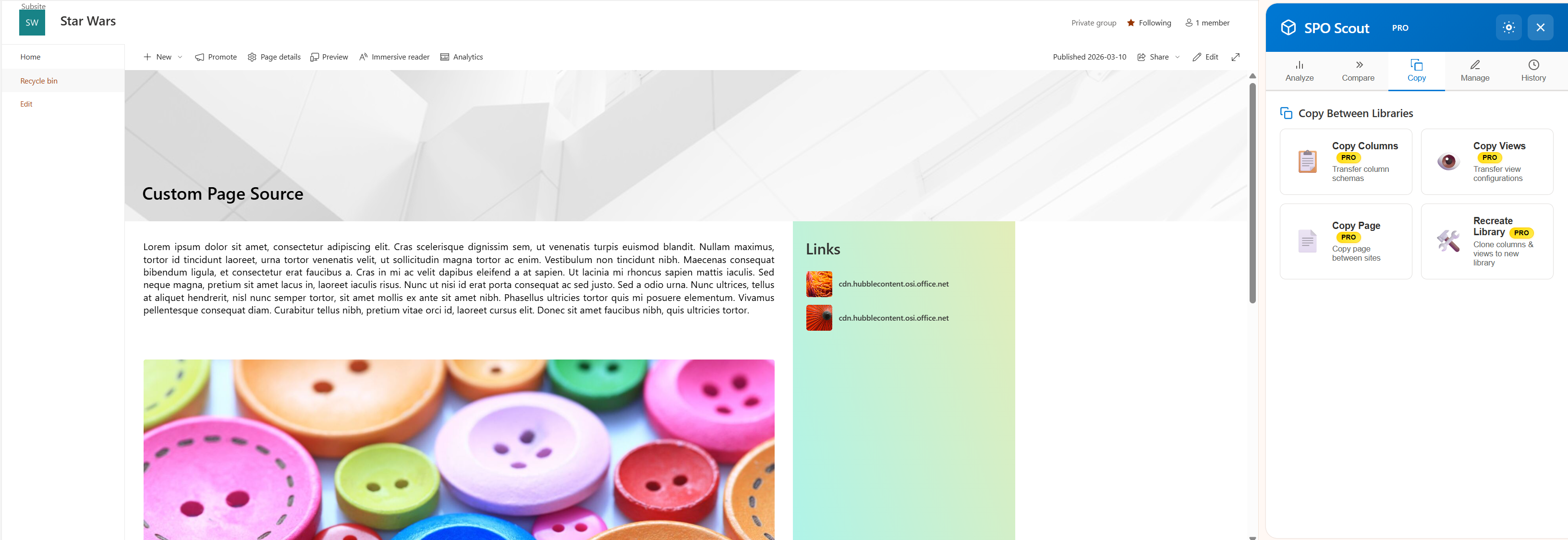 SPO Scout Copy Page feature open on a SharePoint source page