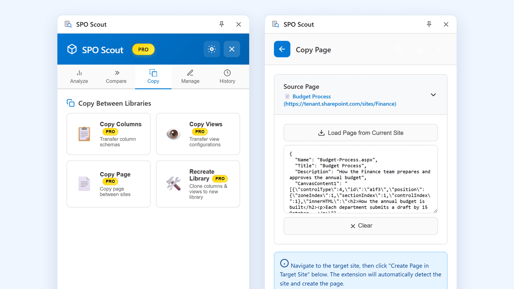 The SPO Scout Copy tab, beside Copy Page with a source page loaded and the Create Page in Target Site button