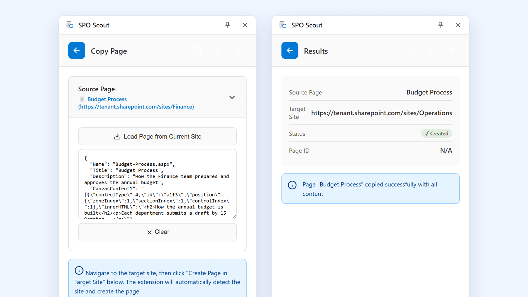 SPO Scout Copy Page with a source page loaded, beside the result showing the page created on another site
