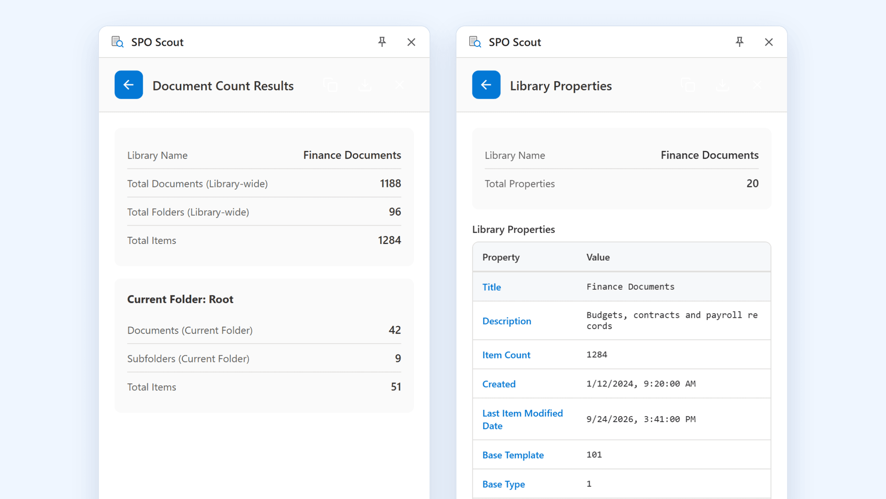 SPO Scout item and folder counts for a document library, beside the library properties table