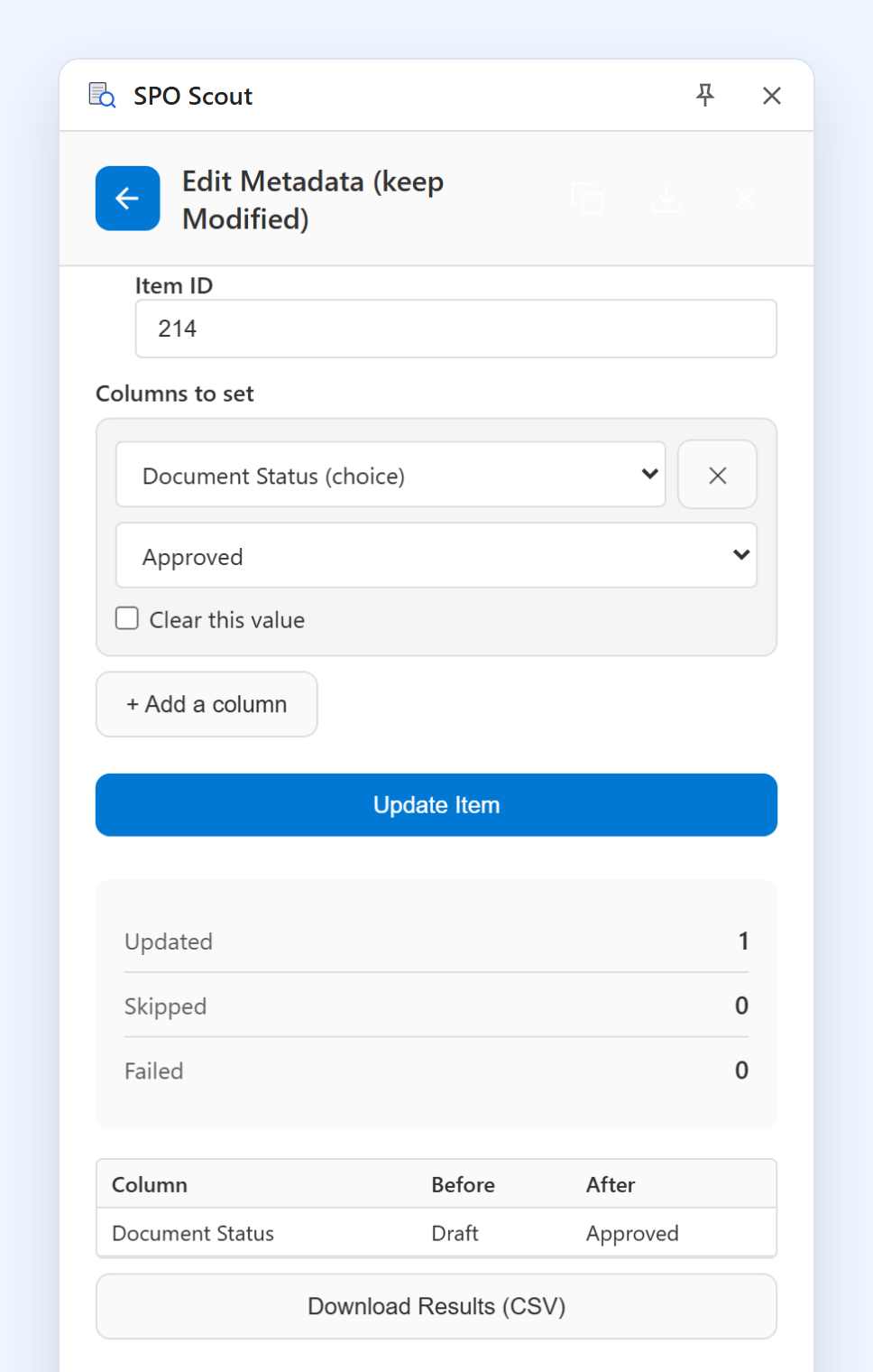 SPO Scout's Edit Metadata after updating one item: item 214's Document Status changed from Draft to Approved, with a button to download the results as CSV.