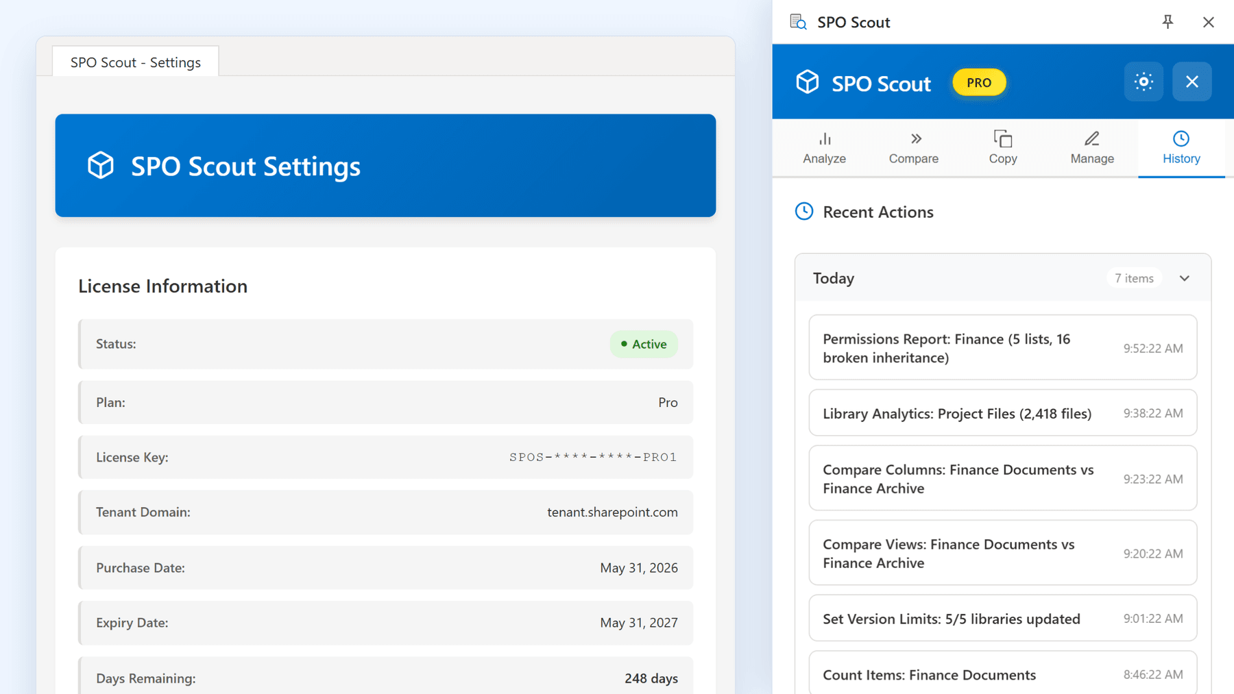 SPO Scout settings page showing an active Pro license, beside the History tab listing recent actions